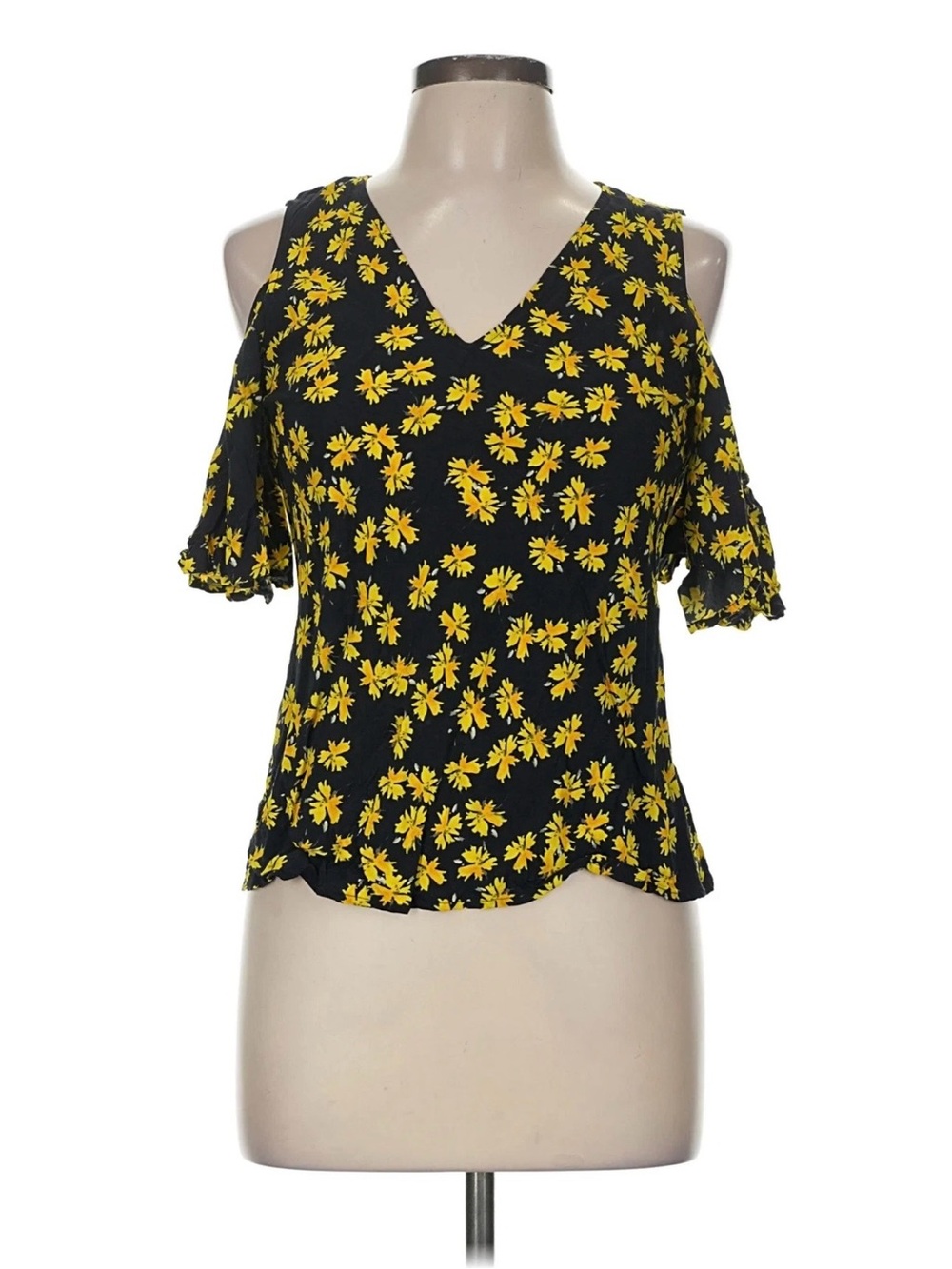 Derek Lam Women's Black and Yellow Cold-Shoulder Floral V-Neck Top
